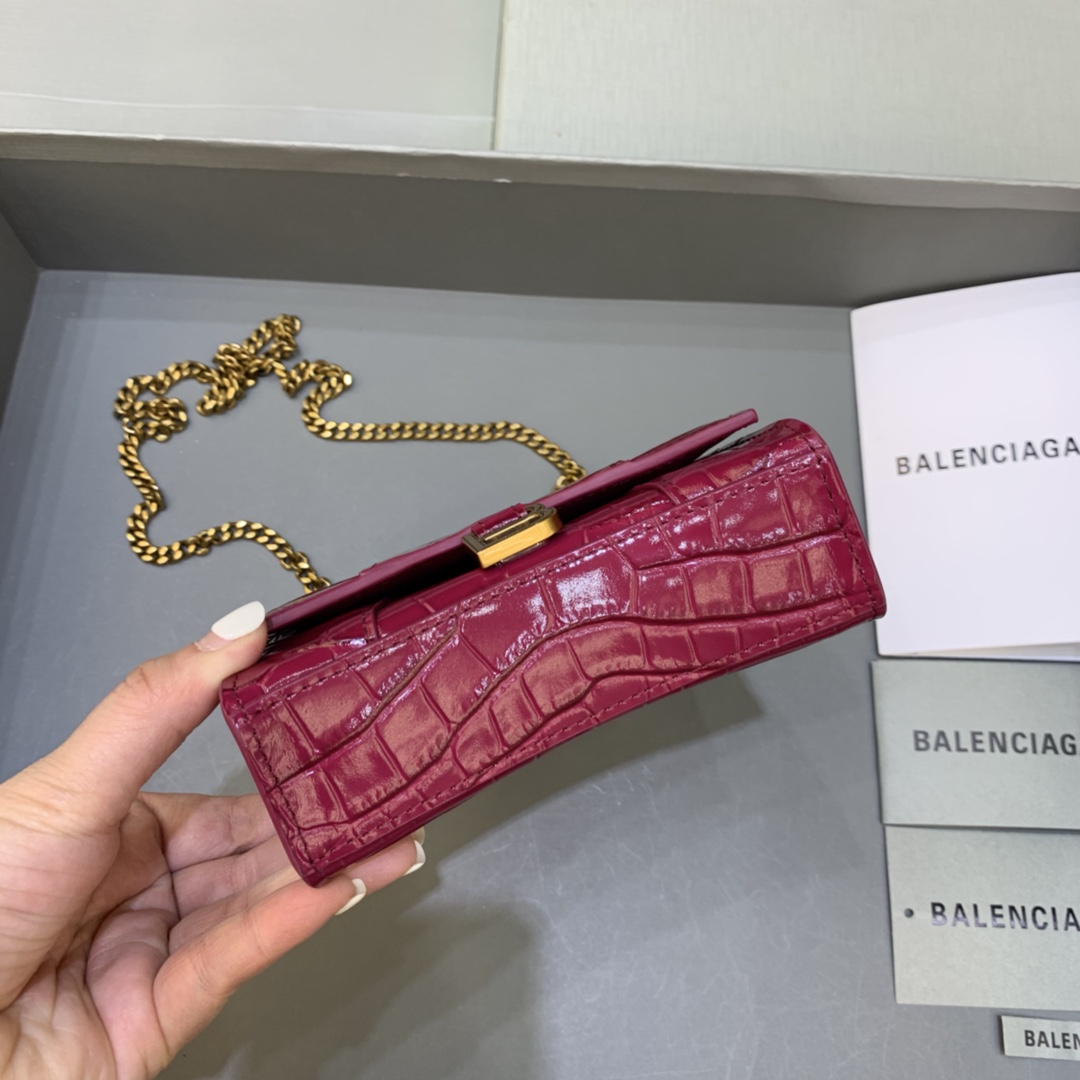 Balenciaga Hourglass Mini Handbag With Chain Crocodile Embossed Shoulder Bag Dark red